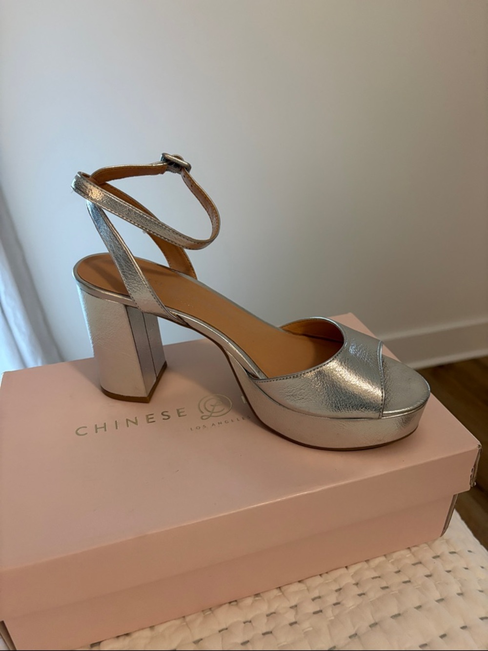 Chinese Laundry Shimmery Silver Block Heel Ankle-Strap Sandal